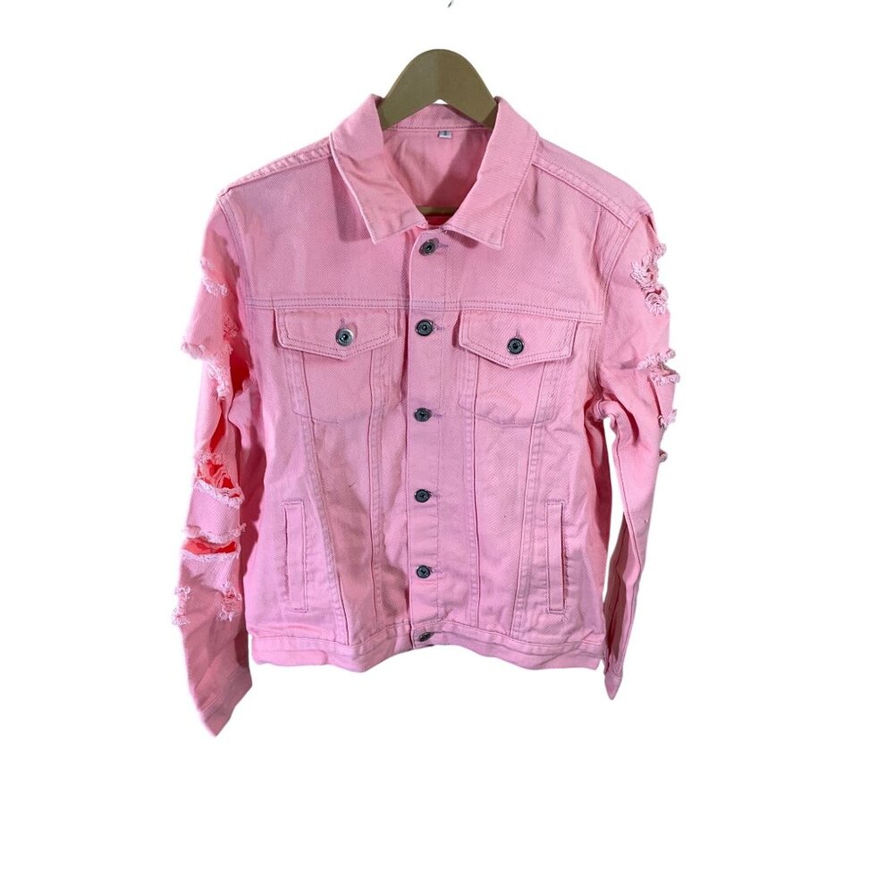 NWT  Shein Mens Casual Jean Jacket Streetwear Holes in Sleeves-  Size Small